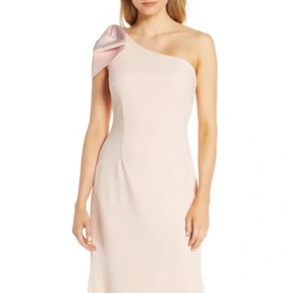 Eliza J One-Shoulder Satin Bow Blush Pink Evening Formal Dress Maxi Gown- 12 - Picture 15 of 16